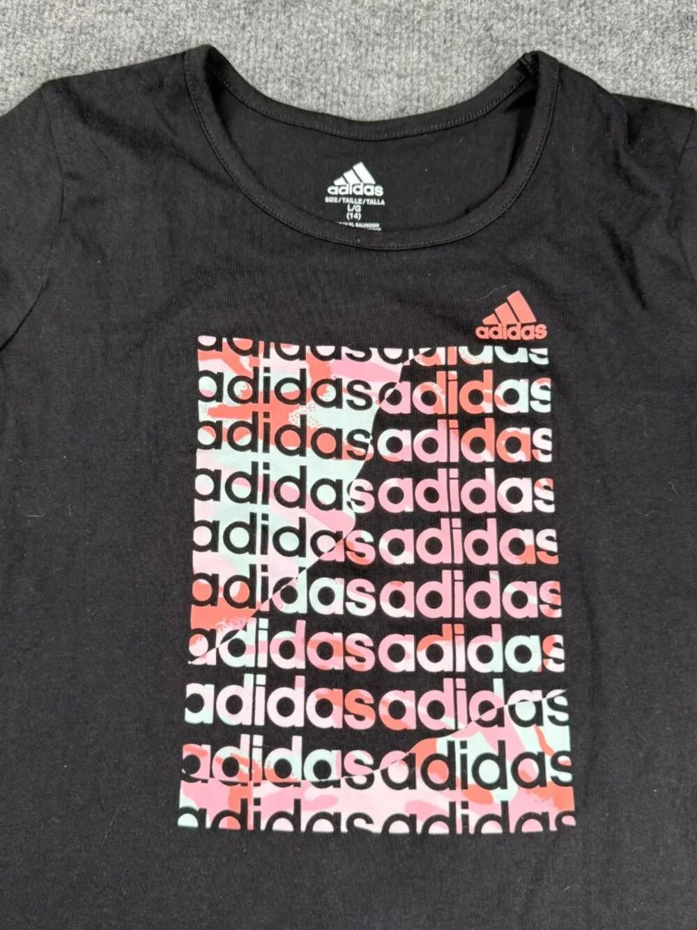 Adidas Girls Youth Large 14 Graphic T-Shirt Black Short Sleeve Cotton Top